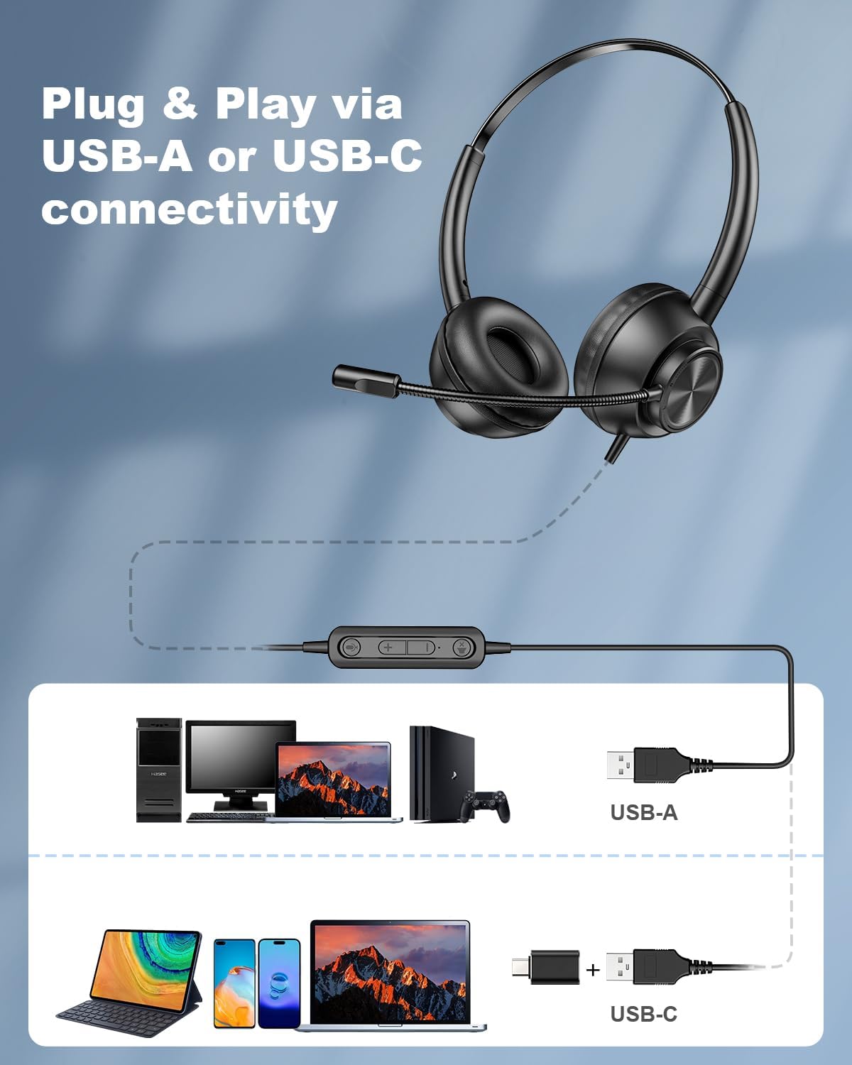 USB Headset with Microphone for PC, Computer Headset with Mic, Wired Headset with USB-A & Type-C, Mute, In-Line Controls Call Center Headphone for Work PC Laptop Office Phone Meeting Zoom Skype