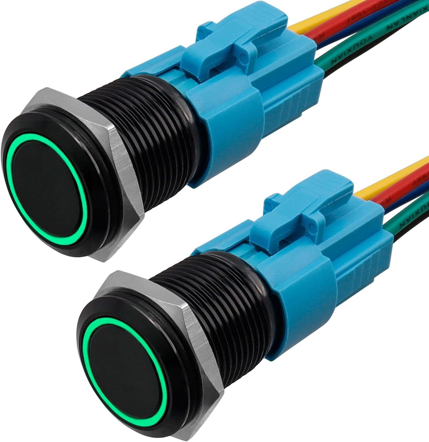 16mm Momentary Push Button Switch, 2Pcs 12v LED Angel Eye On Off Switch with Wire Socket Plug Metal Waterproof Self-Reset Horn Button (Green)