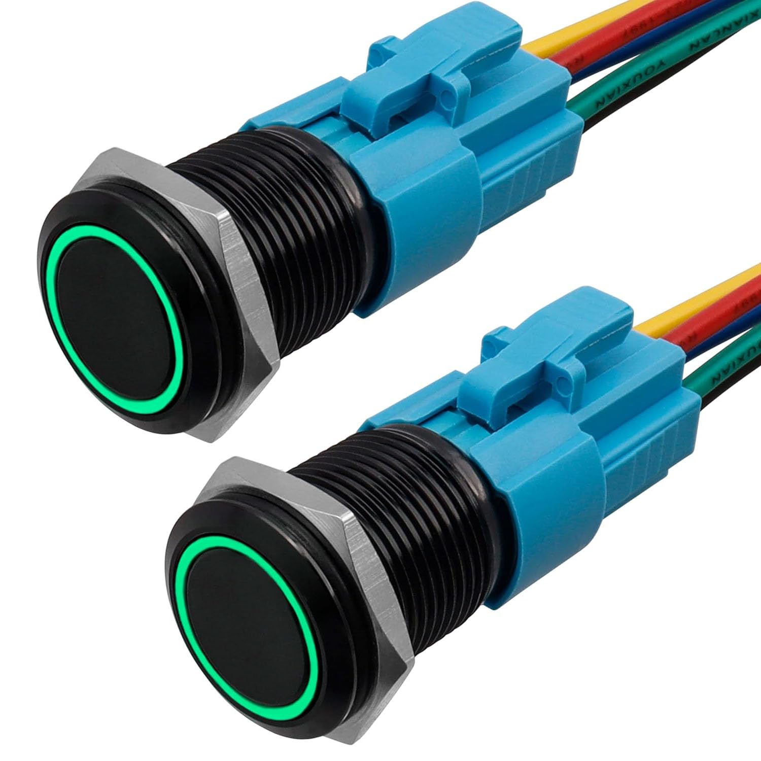 – 16mm Momentary Push Button Switch, 2Pcs 12v LED Angel Eye On Off Switch with Wire Socket Plug Metal Waterproof Self-Reset Horn Button (Green)