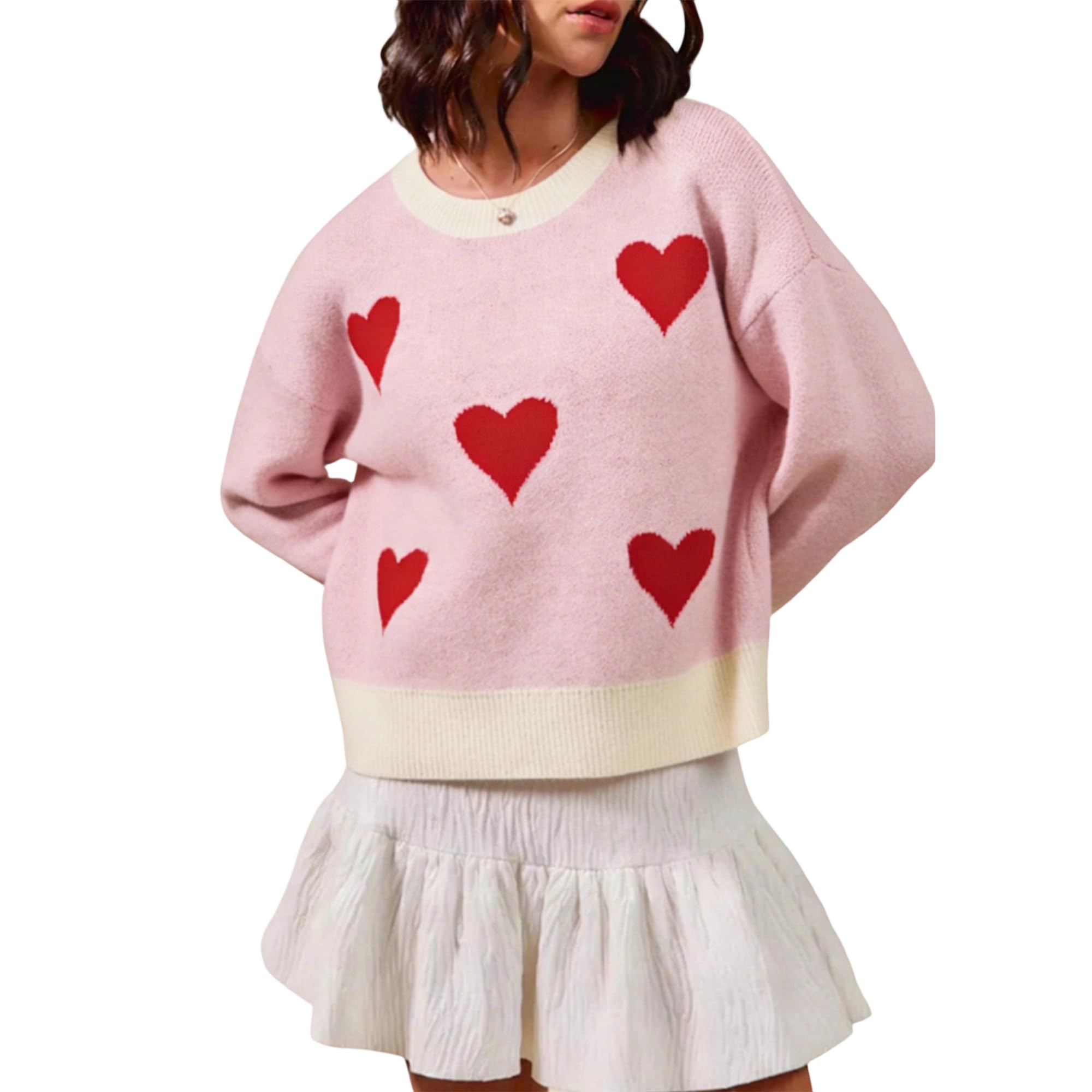 Women Heart Print Sweaters Crewneck Loose Fit Knit Pullover Casual Sweater Tops