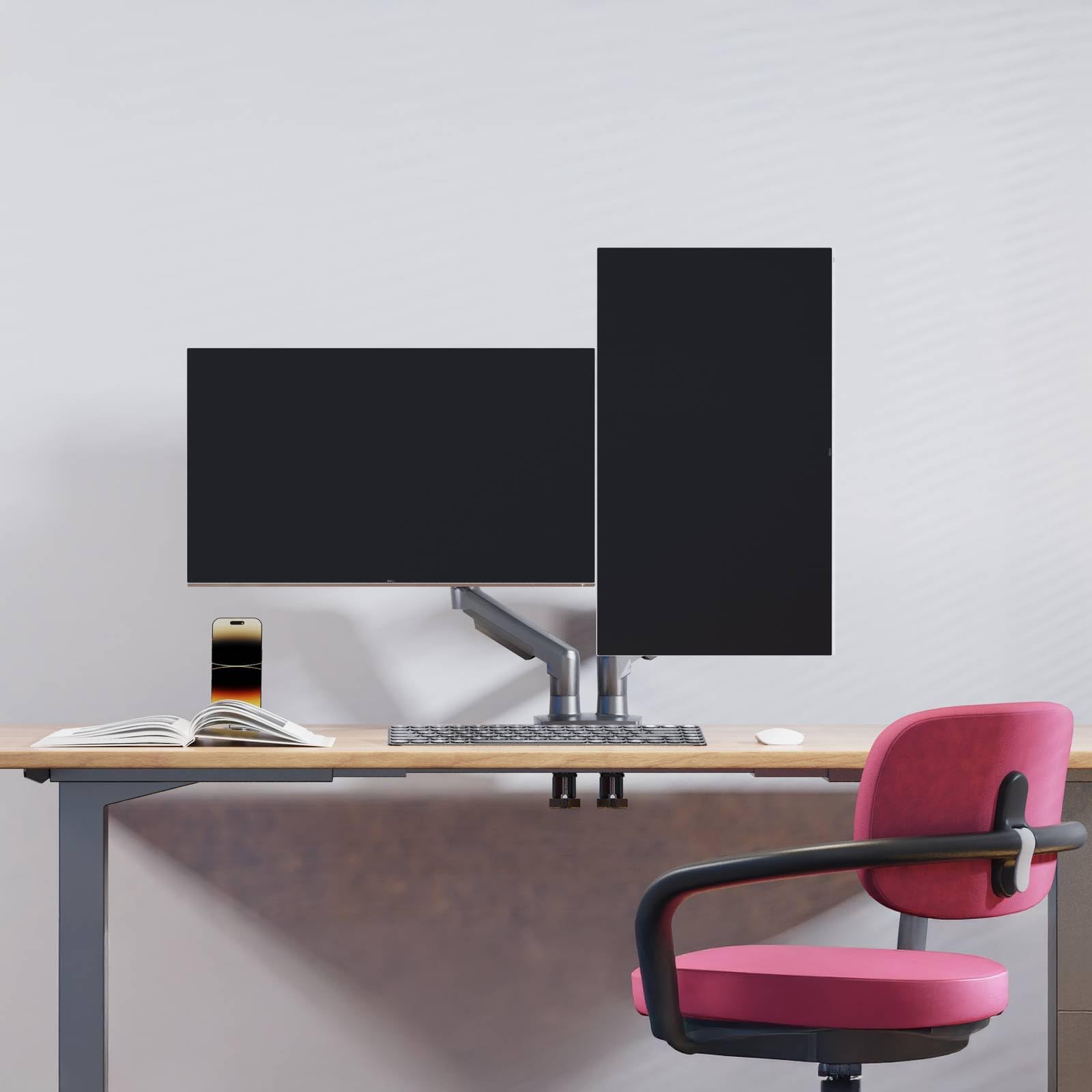 Soporte de Escritorio para 2 Pantallas LCD LED de 17 a 32 Pulgadas, Ajuste en Varios Ejes, pivote, Muelle de Gas de hasta 2 x 9 kg