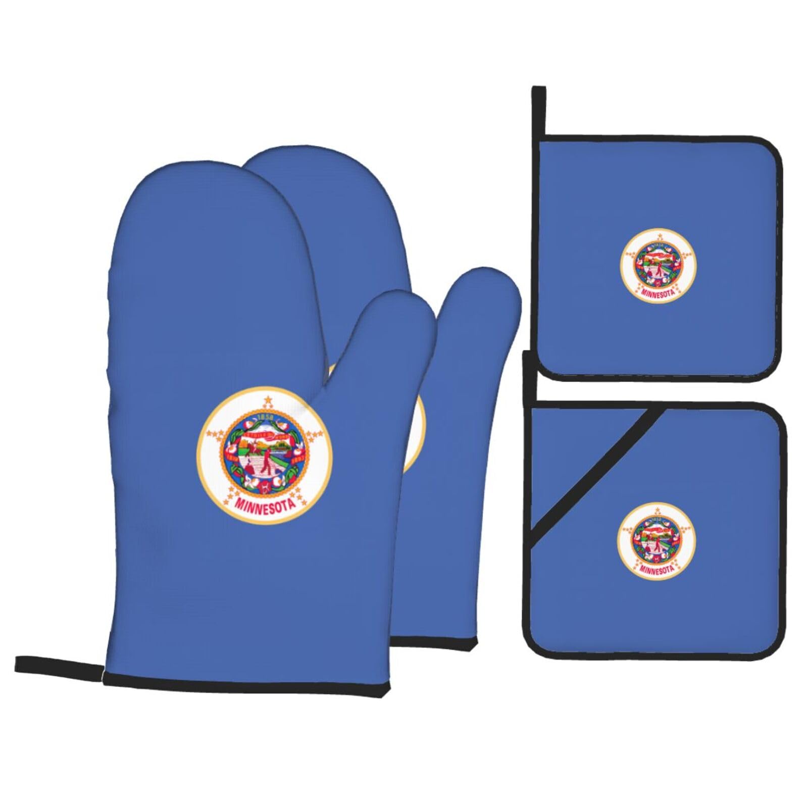 Minnesota State Flag Print 4-Piece Oven Microwaving Set Waterproof Kitchen Gloves for Baking Grilling Cooking