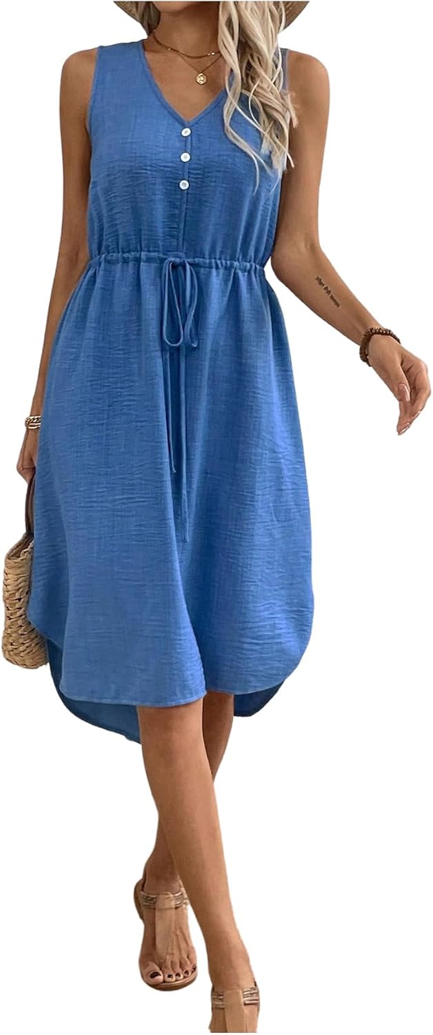SweatyRocks Women's Casual Loose Fit Midi Dresses Button V Neck Sleeveless Hem A-line Dress - Image 4