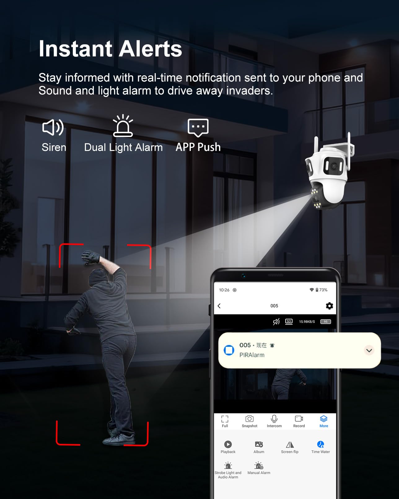 Telecamera di sicurezza esterna wireless a tre obiettivi da 9 MP, Pan/Tilt a 360°, WiFi 2,4 GHz, rilevamento del movimento AI, registrazione 24/7, visione notturna, audio a 2 vie, IP66