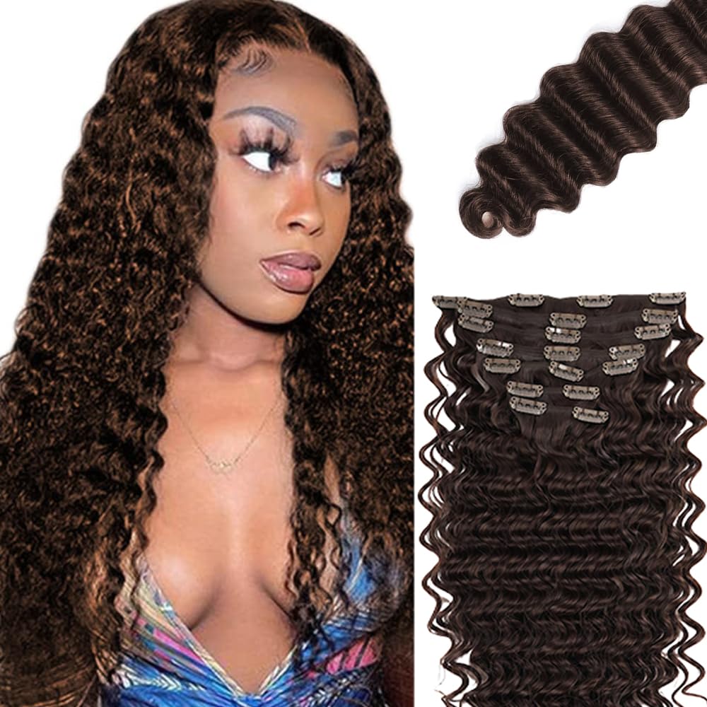 Photo 1 of #4 Brown Clip in Hair Extensions Human Hair,Chocolate Brown Deep Wave Remy Human Hair Extensions Clip ins for Women, 28 Inch 120g 7Pcs, Dark Brown Hair Extension