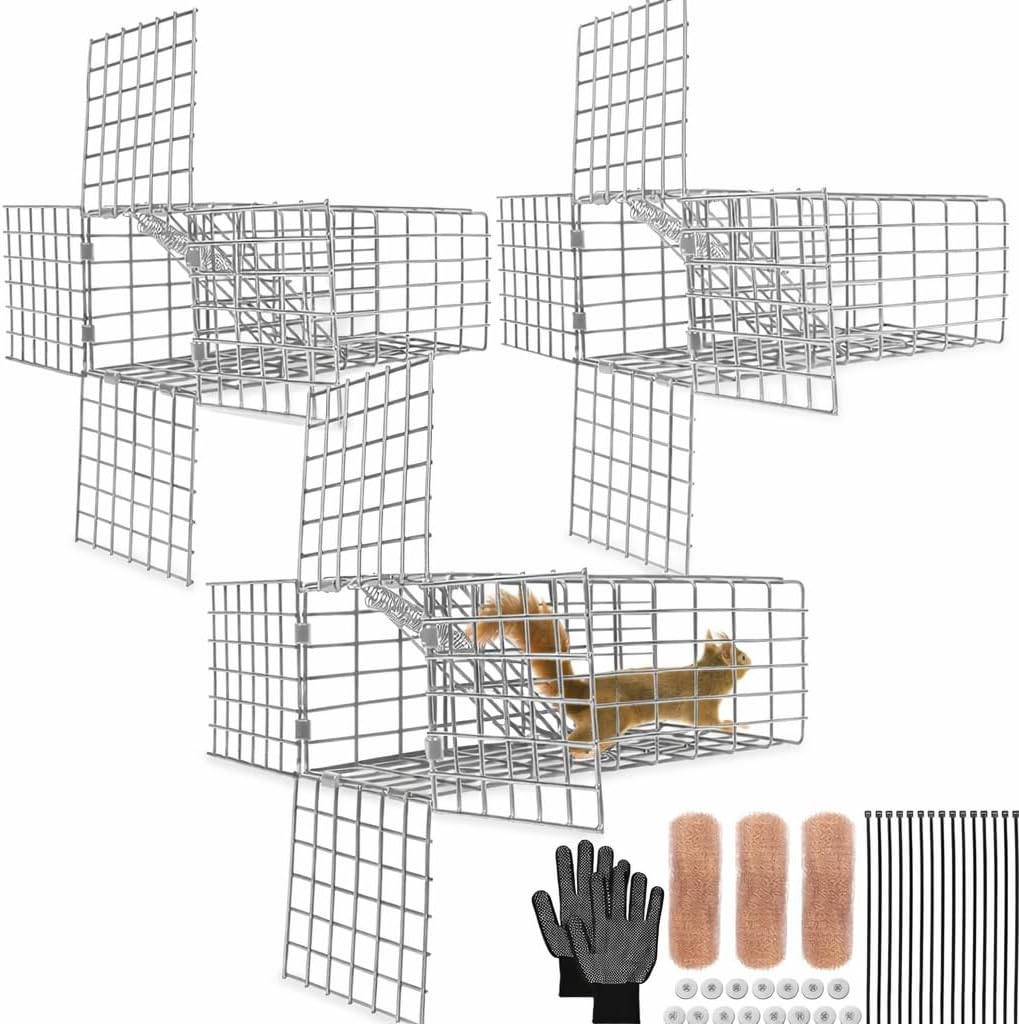 3Sets One Way Squirrel Door Excluders, 3 × 3 × 9inch Animal Excluder Cage, Humane Squirrels, Chipmunks Contactless Excluder, for Outdoor Spaces Like Attics, Chimneys - Includes Full Installation Kit