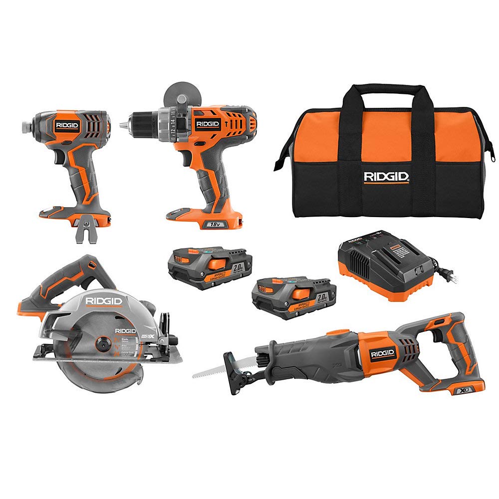 RIDGID 18V Lithium-Ion Cordless Combo Kit (4-Tool) w/ (2) 2.0 Ah Batteries, 18V Charger & Contractor's Bag
