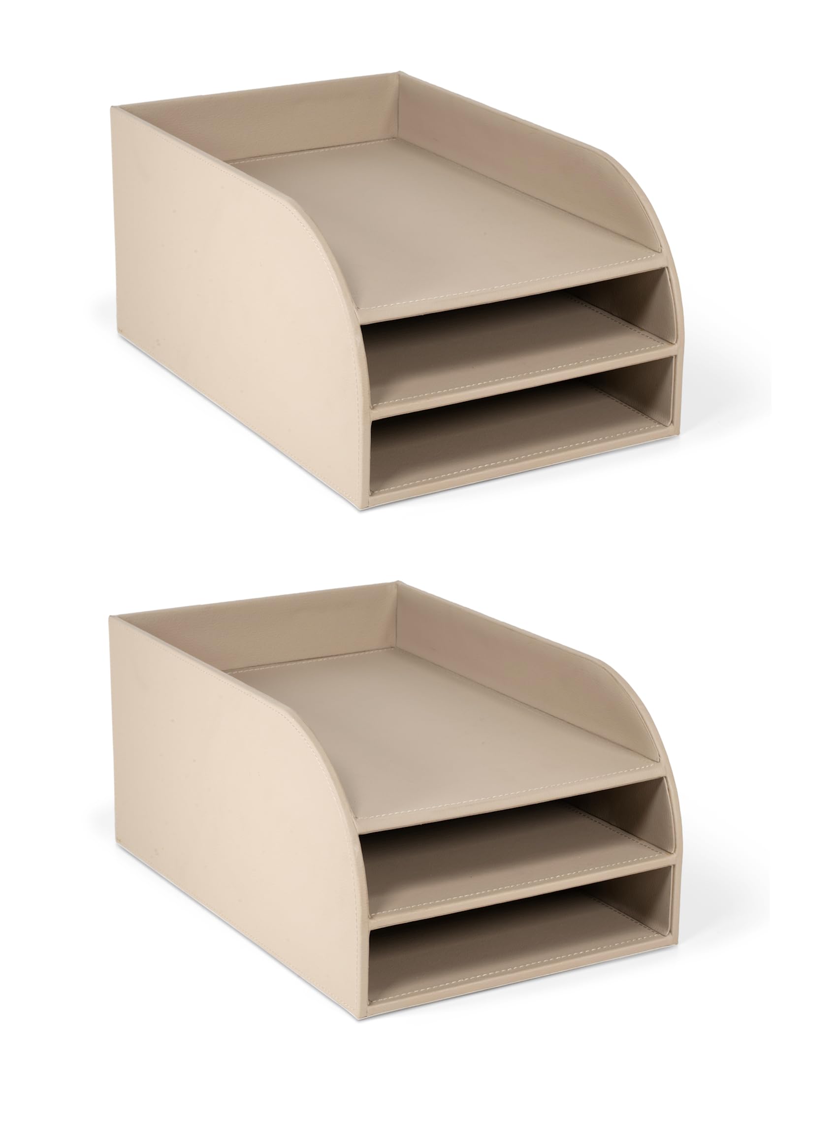 OSCO Light Taupe Faux Leather Three Tier Letter Tray 2 Pack, A4 Desk File Organiser, Paper Storage, Office Document Sorter, Desktop Storage, Home Office H17.5 x W25 x D37.5 cm