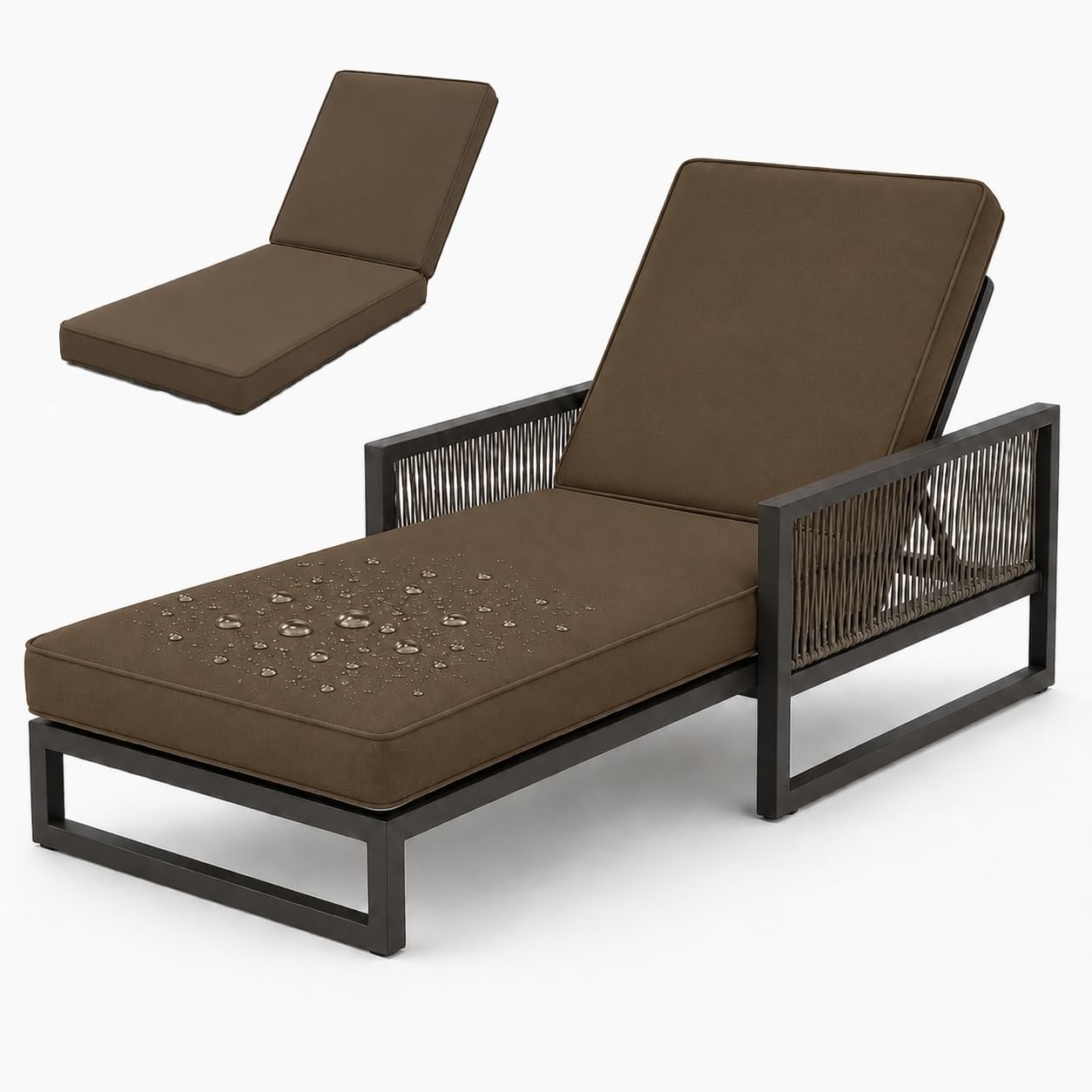 AZMAHT Sunlounger Cushions Only, Waterproof Thick Padded Sun Lounger Cushion for Garden Rattan Chairs, 50D Foam Recliner Replacement Pad with 6 Ties & Piping,Brown,183x53x8cm