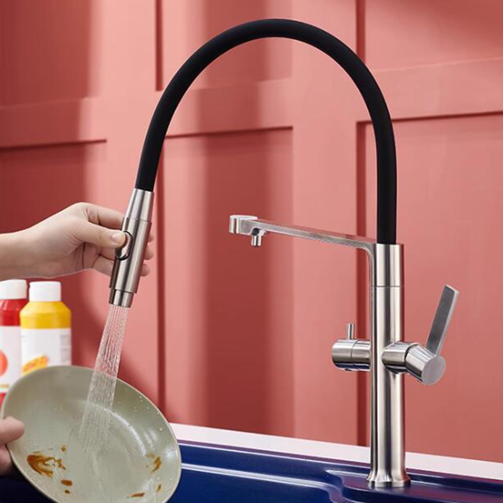 Grifo Cocina 3 Vias Osmosis Flexible Rotación Agua Pura Grifo Cocina Fregadero 3 Vias Acero Inoxidable-Gris