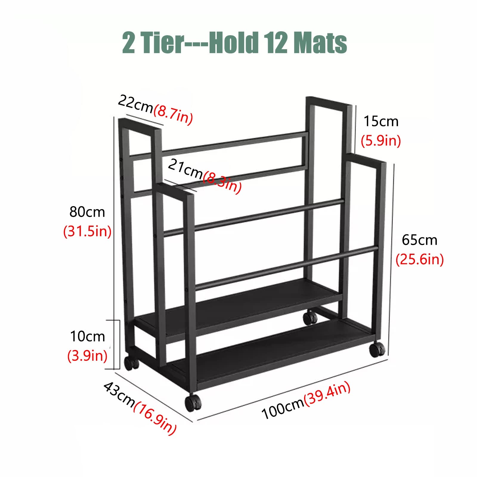 Soporte para esterillas de Yoga, Carrito de Almacenamiento de 2 Capas para esterillas de Yoga, Organizador de Gran Capacidad para Estudios de Yoga y Salas de Entrenamiento, Soporte móvil par
