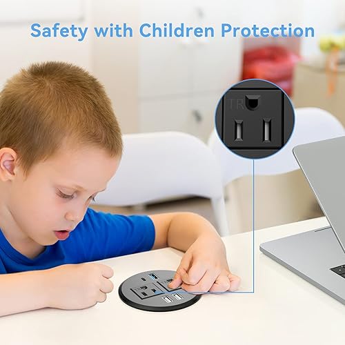 Miniatura 5 de BTU Ojal de alimentación de escritorio con PD de 20 W USB C de carga rápida, enchufe de alimentación empotrado con 2 salidas de CA, regleta de