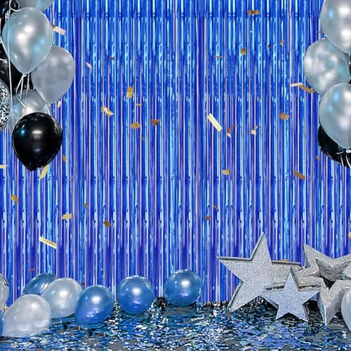 Image of DECOCKRAT 3 Pack Foil Fringe Backdrop - Laser Royal Blue Shiny Tinsel Curtains for Party Decoration /Photo Booth Props - 3.3x8.2 FT Metallic Foil Backdrop for Birthday, Wedding, Graduation, Christmas