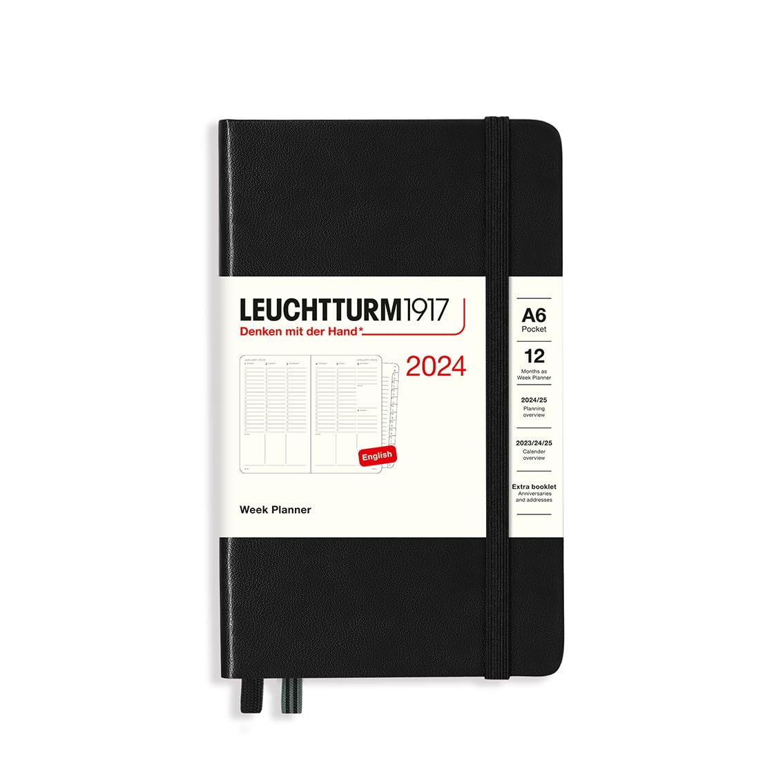 LEUCHTTURM1917 367842 Weekly Planner Pocket (A6) 2024, 12 Months, Black, English