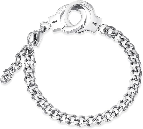 Handcuff bracelet, Stainless Steel Handcuff Chain Link Bracelet Adjustable Anklet Bracelet Partners in Crime Black Handcuff Statement Bracelet for Men Women