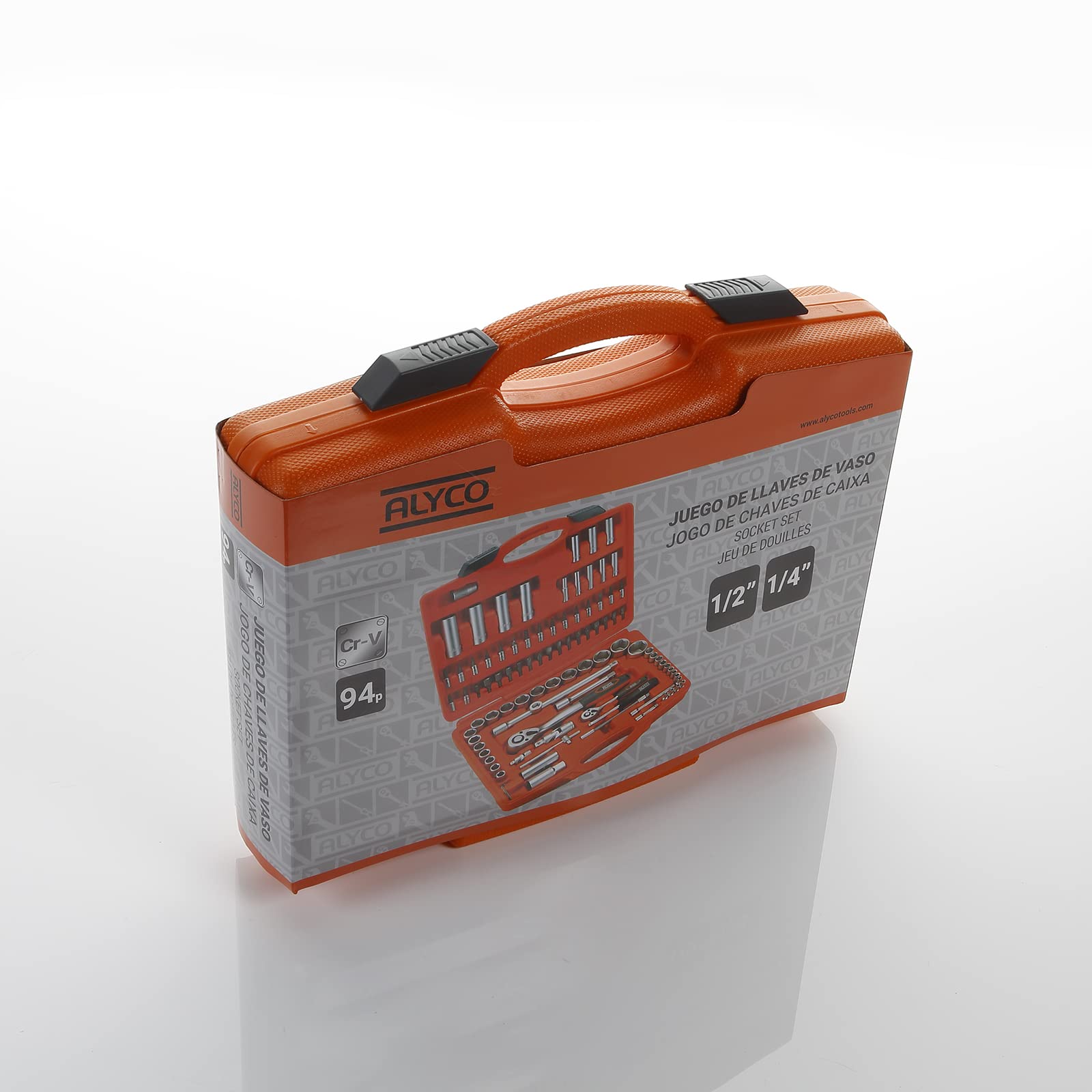 Alyco Orange - Juego de Llaves de Vaso de 1/2" + 1/4" | 94 Piezas | Allen Hexagonales, Carraca, Alargaderas, Adaptadores, Atornillador, Herramientas en Acero Cr-V con Maletín