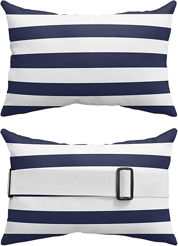 Miniatura 2 de Almohada reclinable para la cabeza con inserto, almohada lumbar de rayas azul marino y blancas con correa ajustable, almohadas de patio impermeables