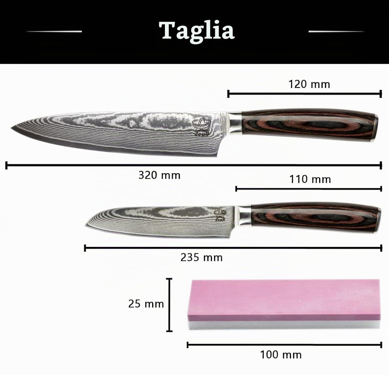 Set di 2 coltelli damascati (32 cm e 24 cm) certificati 62 HRC in acciaio damascato a 67 strati, set di coltelli da cucina damascato con coltello da chef, coltello Santoku, pietra abrasiva