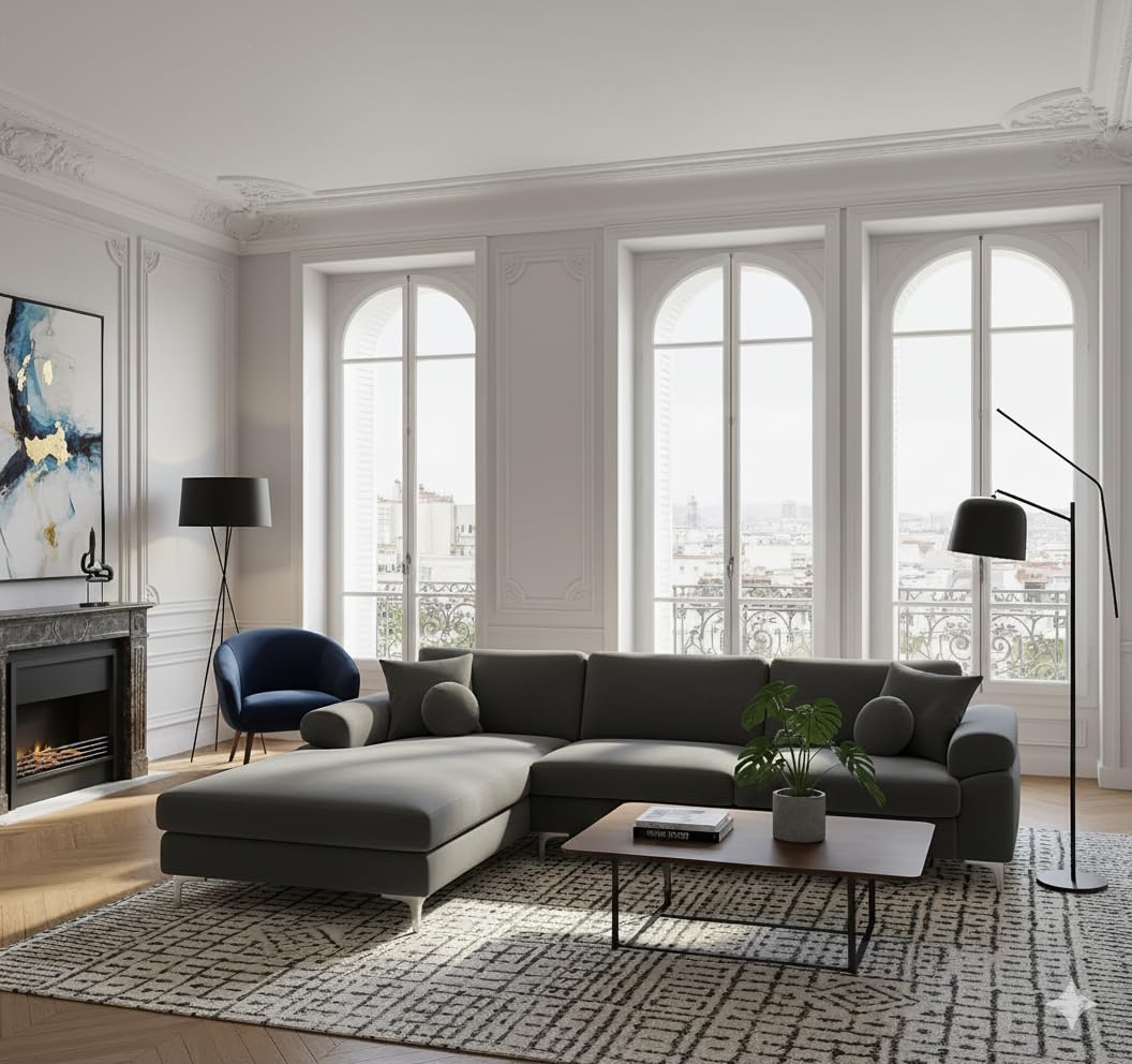 CONCEPT USINE | Divano angolare in velluto 4-5 posti | Design Galway Grigio | Larghezza 262 cm | Angolo sinistro | Comfort ultra lussuoso | Struttura in legno robusto | Piedi in metallo | Stile