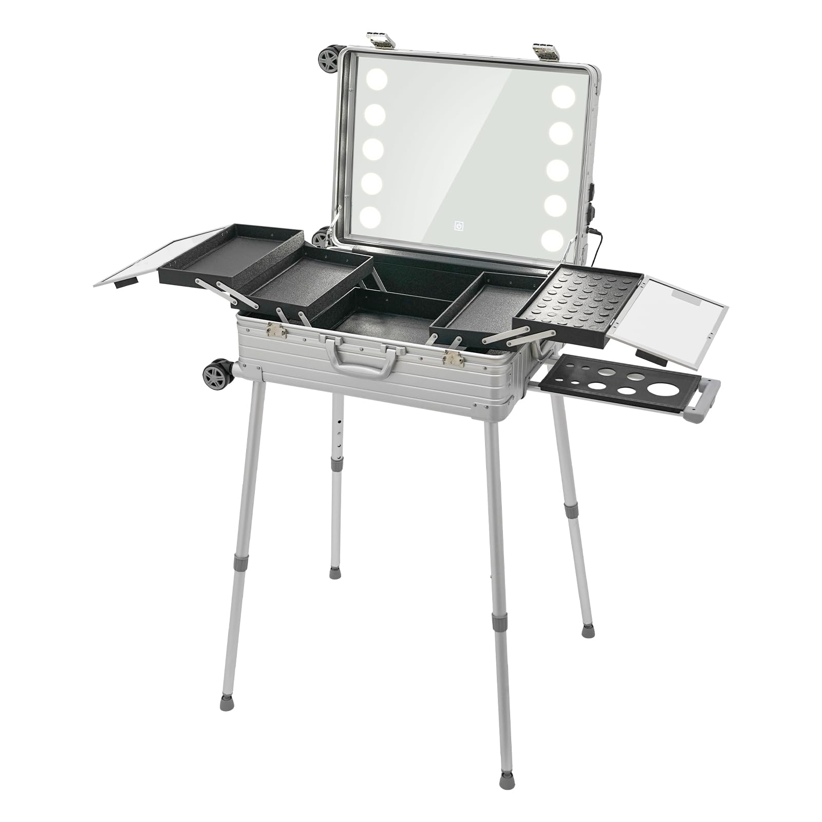 Walizka na kosmetyki 3 w 1, walizka na kółkach, 24", zamykana aluminiowa walizka na kosmetyki z rolkami, regulowanymi nogami, lustrem i oświetleniem LED, przenośny organizer do makijażu dla