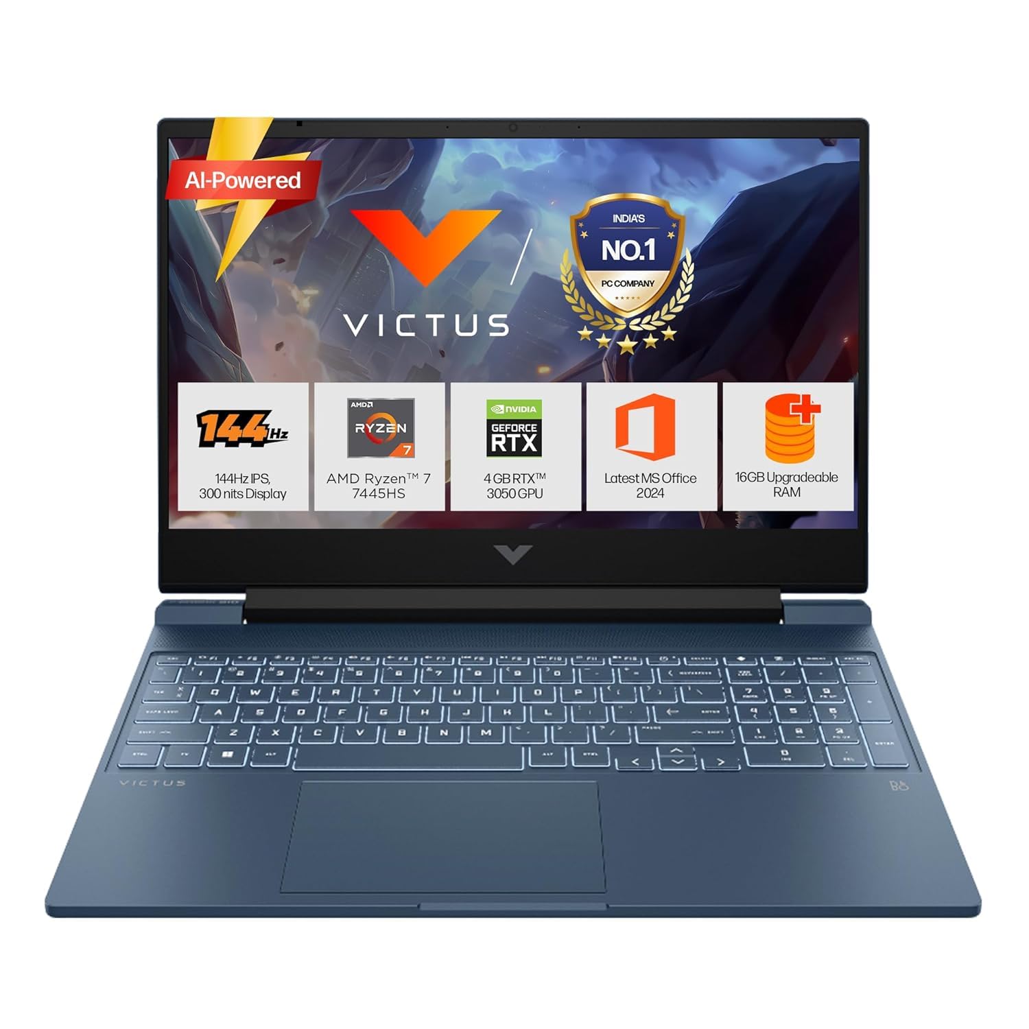 HP Victus, AMD Ryzen 7 7445HS, 6GB RTX 3050, 16GB DDR5(Upgradeable) 512GB SSD, 144Hz, IPS, 300nits, FHD, 15.6''/39.6cm, Win11, M365* Office24, Blue, 2.29kg, fb3120AX, Backlit, DTS Audio, Gaming Laptop