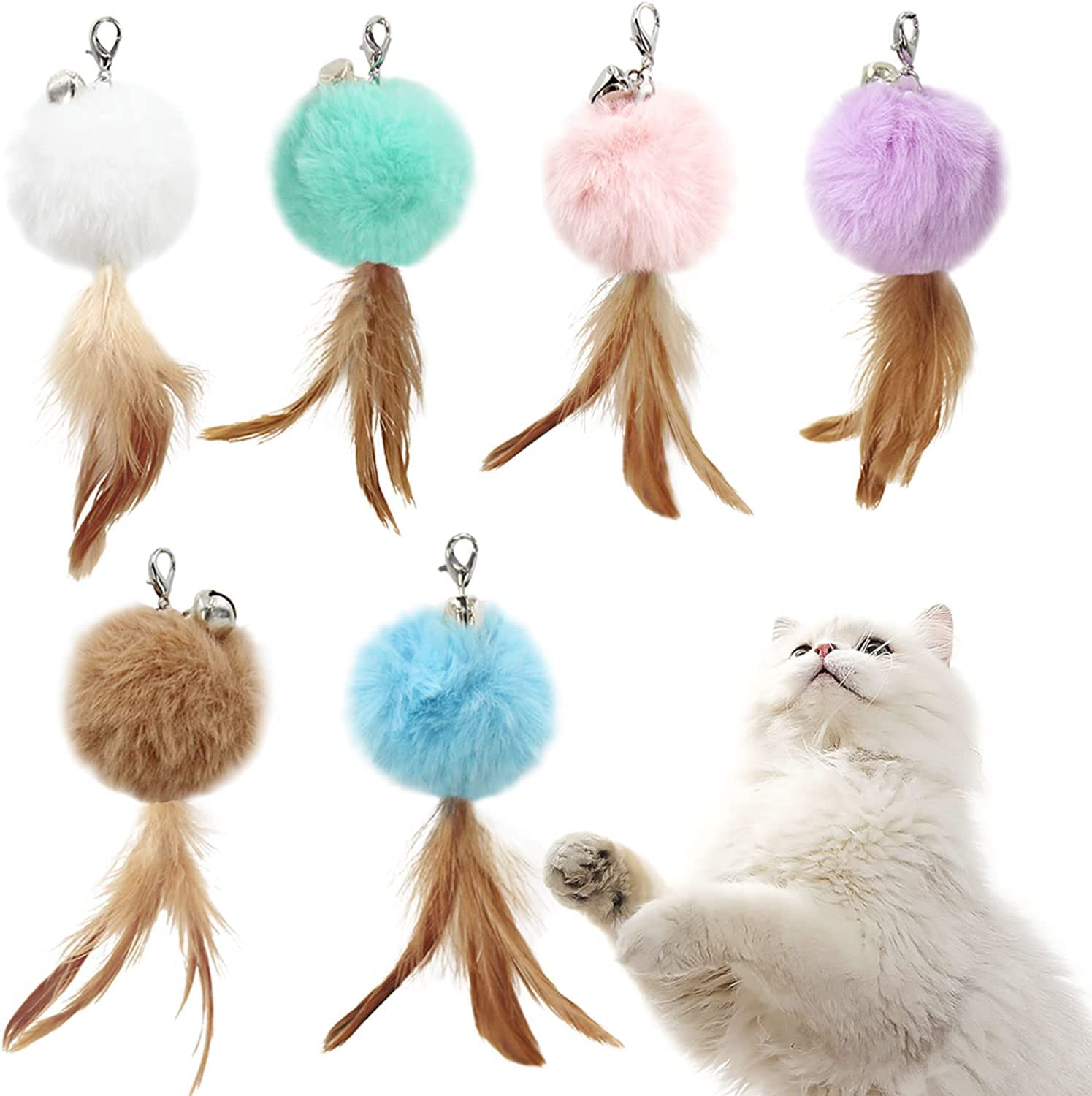 Juguetes de plumas esponjosas para gatos, repuesto de varita de juguete para gatos, 6 piezas de repuesto de plumas de juguete esponjosas, accesorios interactivos de varita para gatos, con