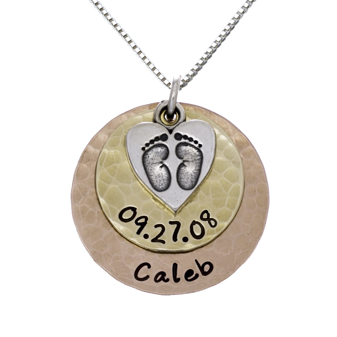 Collar con estampado de primer pie para bebé con plata de ley personalizable, discos chapados en oro de 14 quilates y oro rosa con nombres de tu elección. Collar con nombre personalizado para ella