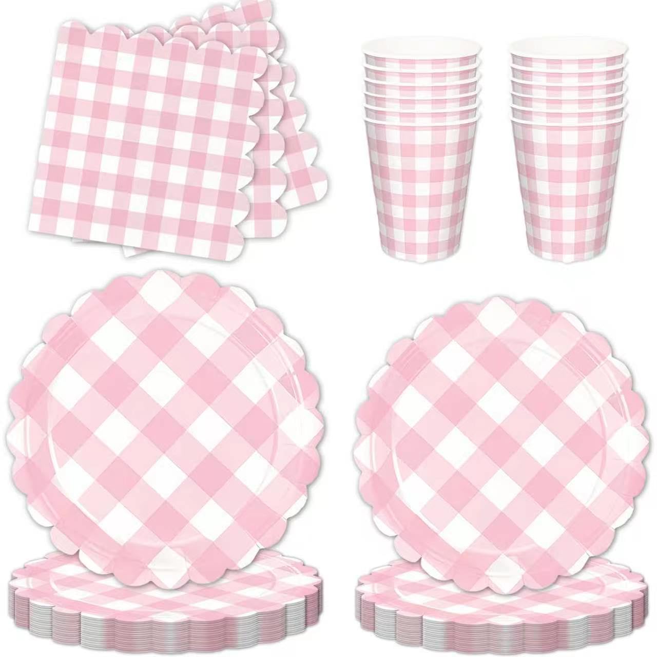 Vectorgolden 80Pcs Pink White Gingham Checked Party Tableware Set of 20 Guests, Party Tableware Set Including Paper Plates, Paper Cups, Napkin for Weeding, Baby Show, Biridal Show, Tea Party, Birthday