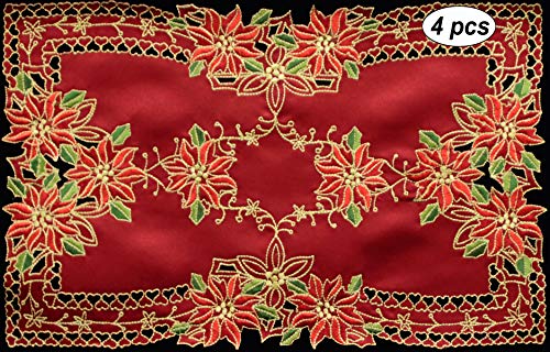 Creative Linens 4PCS Holiday Christmas Embroidered Poinsettia Placemats 11x17 Red Gold, Set of 4 Pieces