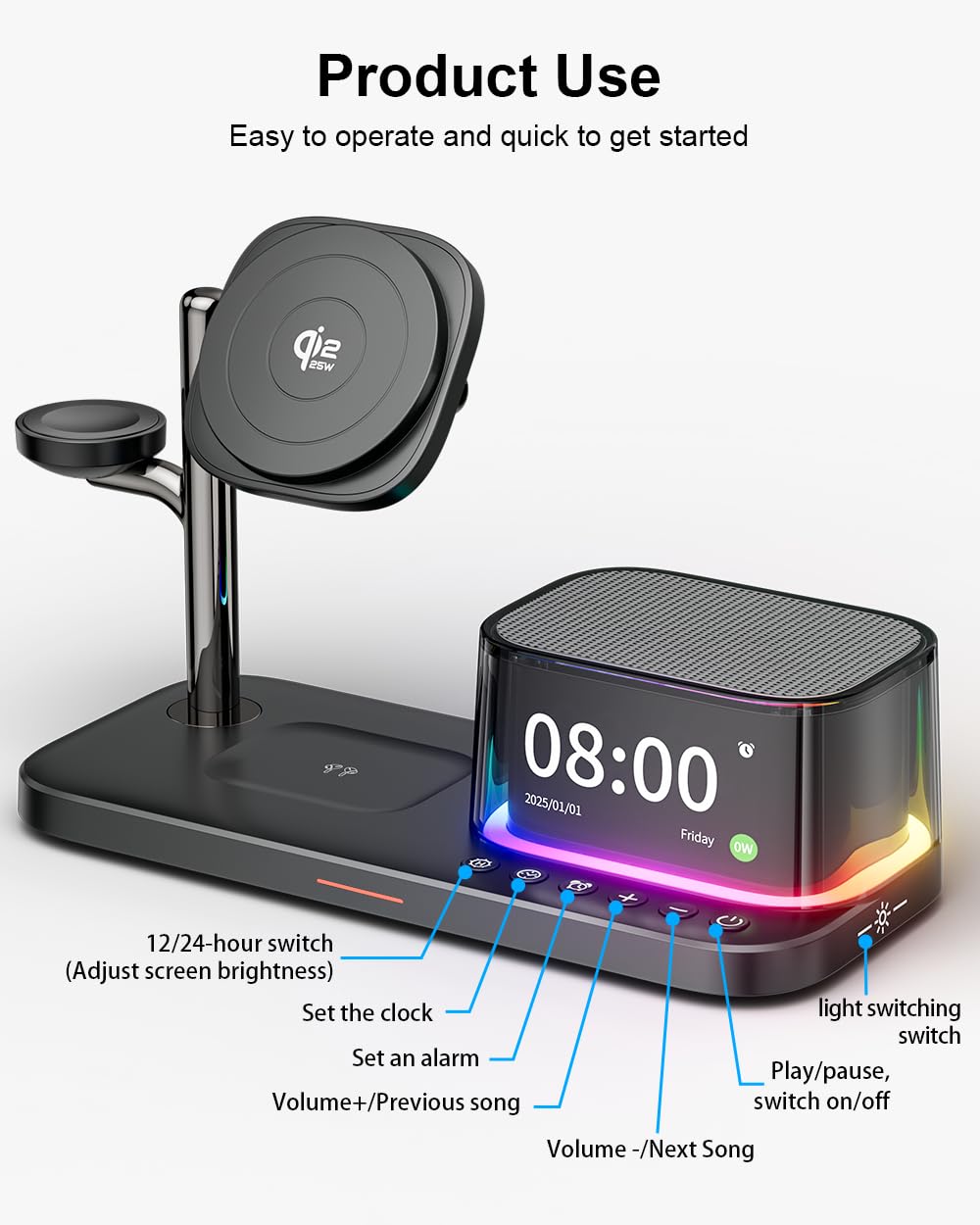 45W for Apple MagSafe Charger Stand 5 in 1, Qi2.2 25W Magnetic Wireless Charger Fast Charging Station, Alarm Clock Speaker Night Light, Charging Dock for iPhone 17 16, 5W Apple Watch 11 Ultra