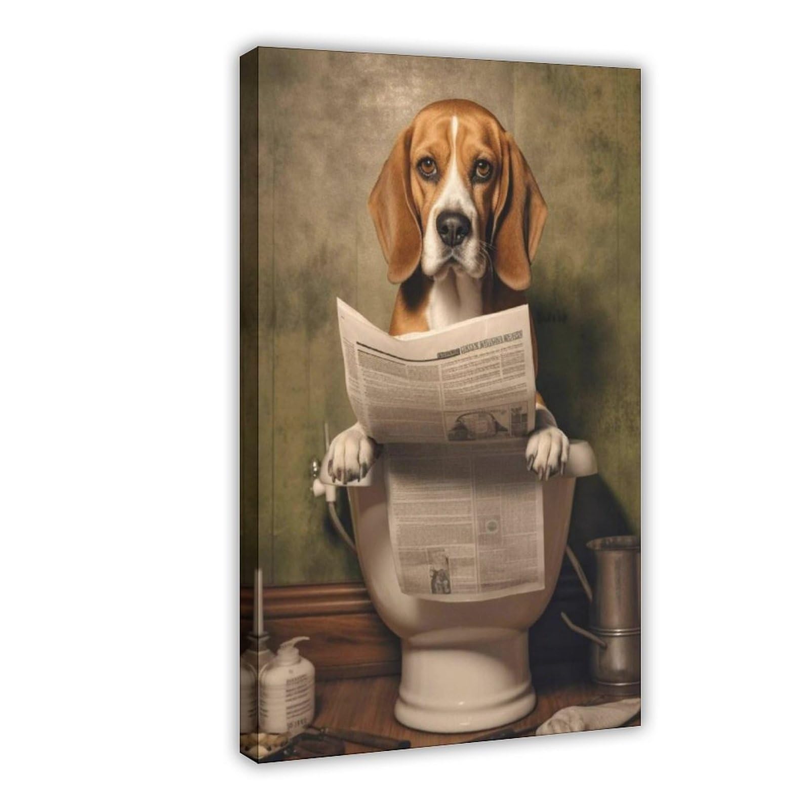 Flamint Beagle Sitting on The Toilet And Reading Newspaper Canvas Poster Bedroom Decor Landscape Office Room Decor Gift 8" L X 12" W
