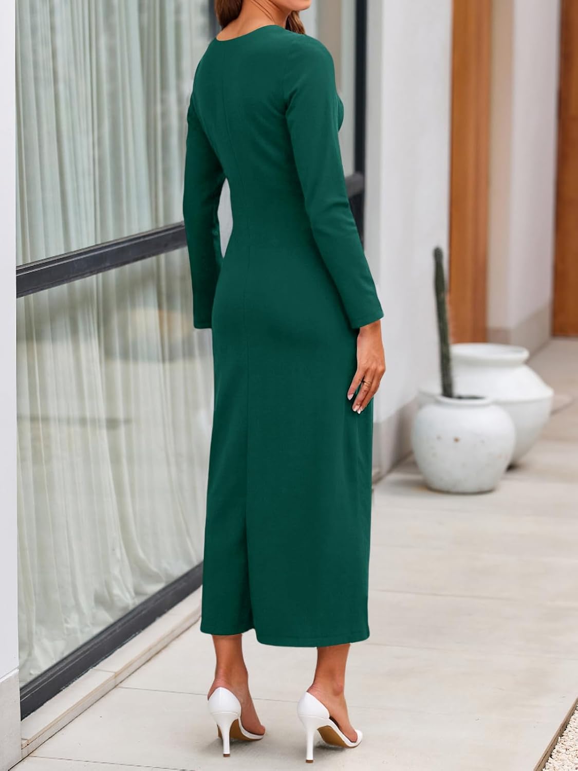 Cicy Bell Womens Long Sleeve Maxi Dress Bodycon Tie Waist Fall Elegant Crew Neck Cocktail Party Dress - Image 4