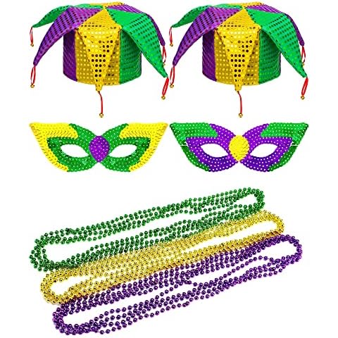 16 Pcs Mardi Gras Party Costume Includes 2 Funny Jester Clown Hat, 12 Multicolored Beads Necklaces and 2 Mardi Gras Mask for Men Women Adults Cosplay Masquerade Kit Accessories Cover