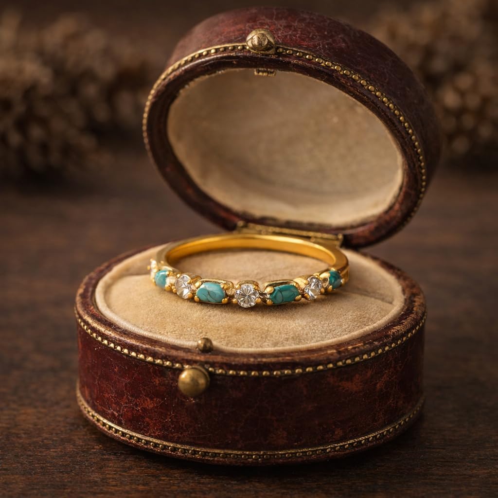 14K Gold Turquoise Diamond Stacking Ring for Women Dainty Blue Gemstone Wedding Band Minimalist Half Eternity Anniversary Jewelry Gift for Her