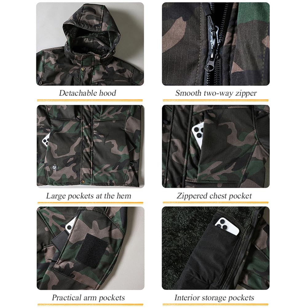 Taktyczny zestaw kurtek myśliwskich i spodni, zimowy, termiczny, wodoodporny, polarowy, softshell, moro, męski, 2-częściowy sprzęt outdoorowy, do aktywności na zimną pogodę