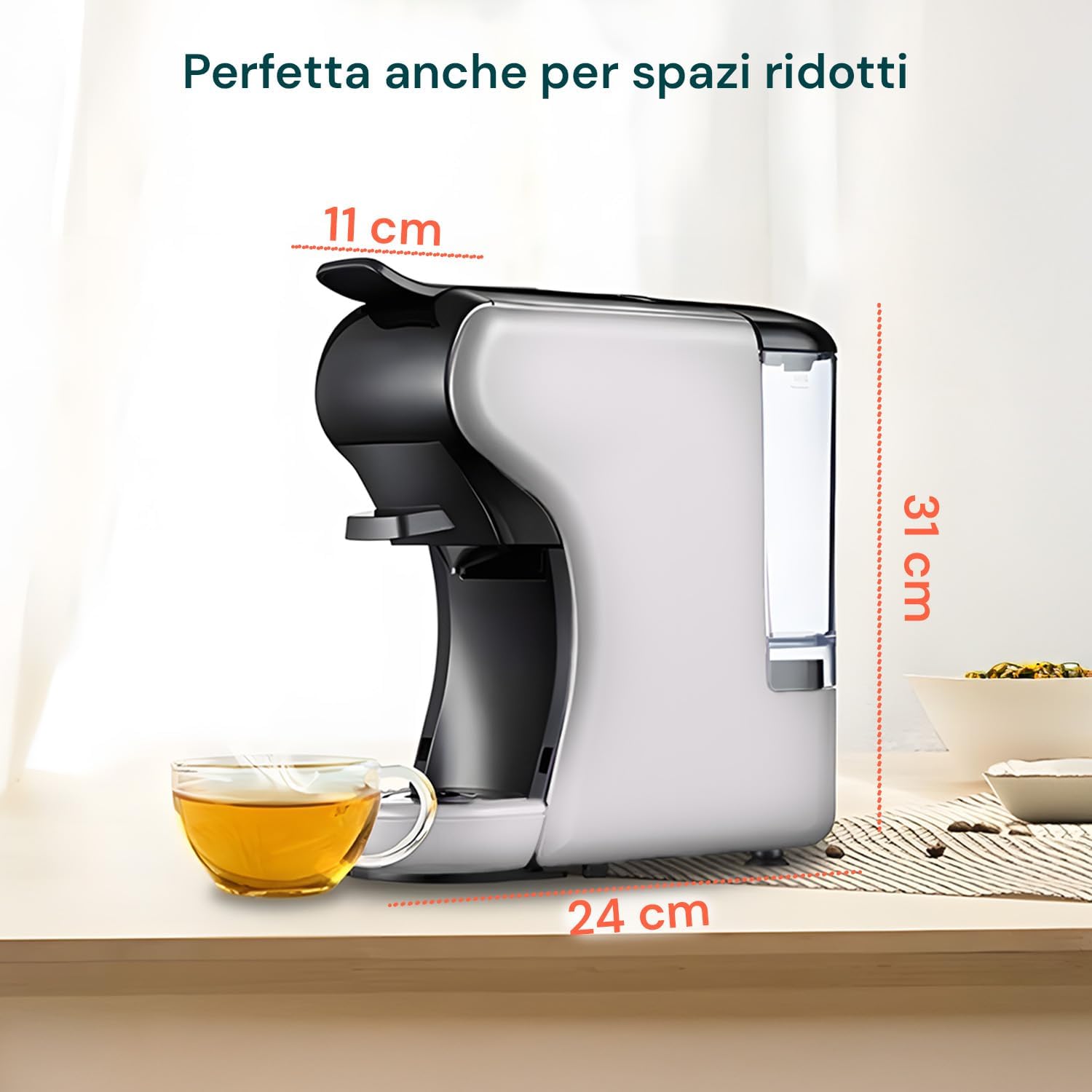 Avilia - Macchina Caffè Compatta Grace da 1450W con Arresto Automatico, Selezione Espresso Corto/Lungo, Interruttore ON/OFF e Compatibilità con Capsule e Cialde (Bianco)