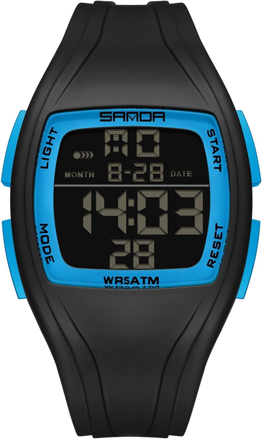 Front view of the RORIOS Tonneau Electronic Wristwatch, displaying the digital time and date.