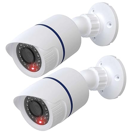 WALI Bullet Dummy Fake Simulated Surveillance Security CCTV Dome Camera Indoor Outdoor with One LED Light, Warning Security Alert Sticker Decal (TC-W2), 2 Packs, White