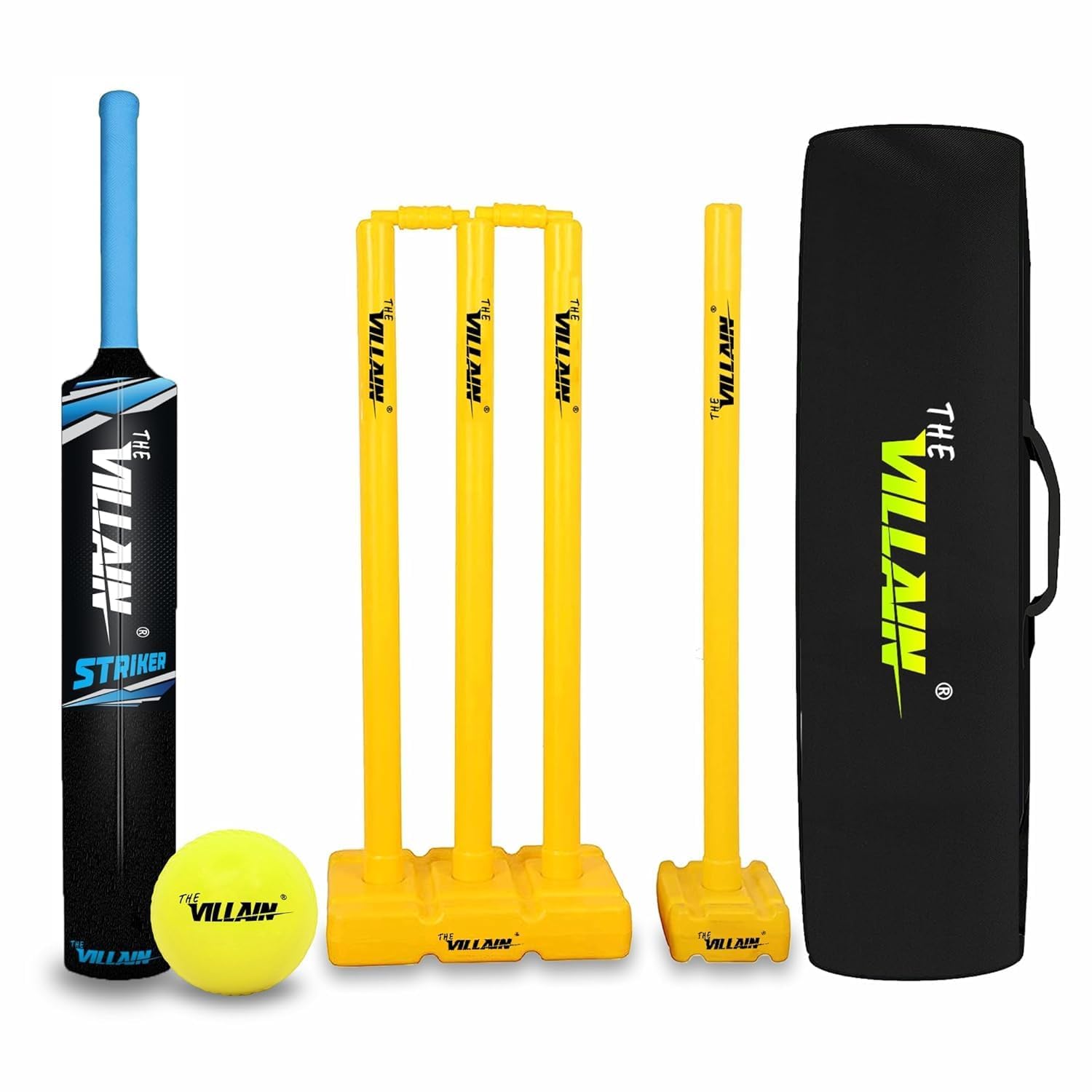 THE VILLAIN Cricket Set 1 Plastic Bat + 4 Plastic Stumps + 1 Tennis Ball + 1 Cover | Full Size (Black-Blue) | Complete Set for Kids & Adults, Ideal for Beginners & Casual Play, Durable & Lightweight-image-28