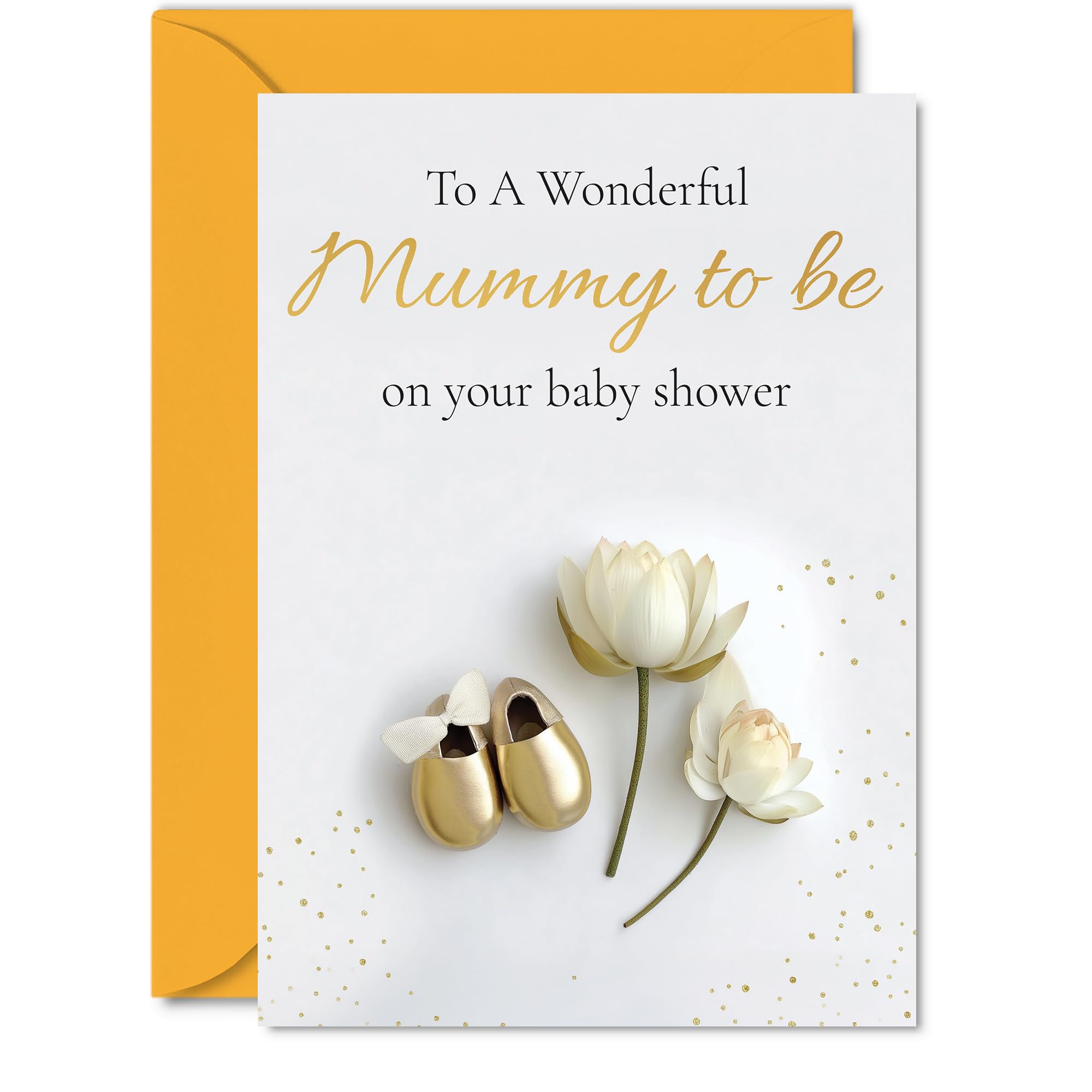 Heartfelt New Baby Card for Mummy - A Little Gold Sparkle for Mum-to-be - Floral and Baby Shoe Design with Elegant Touches - 5X7 Inch, Envelope Included