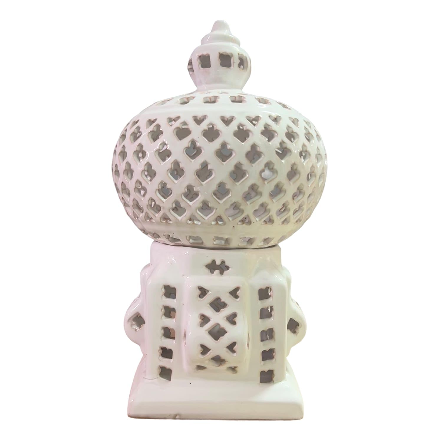 Lanterna Decorativa in Terracotta Bianca Artigianale Tunisina | Porta Candela | Oggetto Arredo (23x23 cm, H. 43 cm) 0201261102