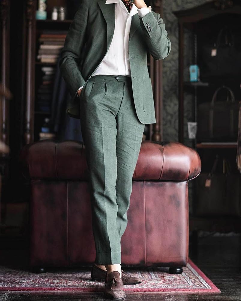 Men's Classic Linen Blazer＆Pants Lightweight Daily 2 Pieces 2 Button Notch Lapel Casual Prom Party Tuxedo Suit