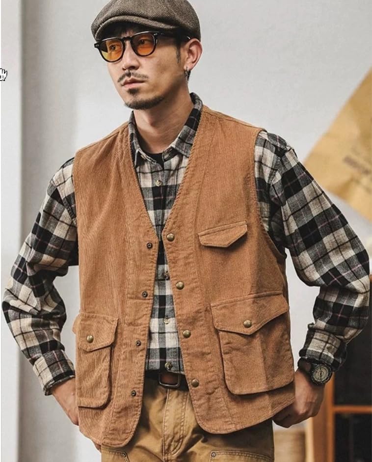 Men's Corduroy Vest Vintage Sleeveless Waistcoat Casual V-Neck Vest Wedding4