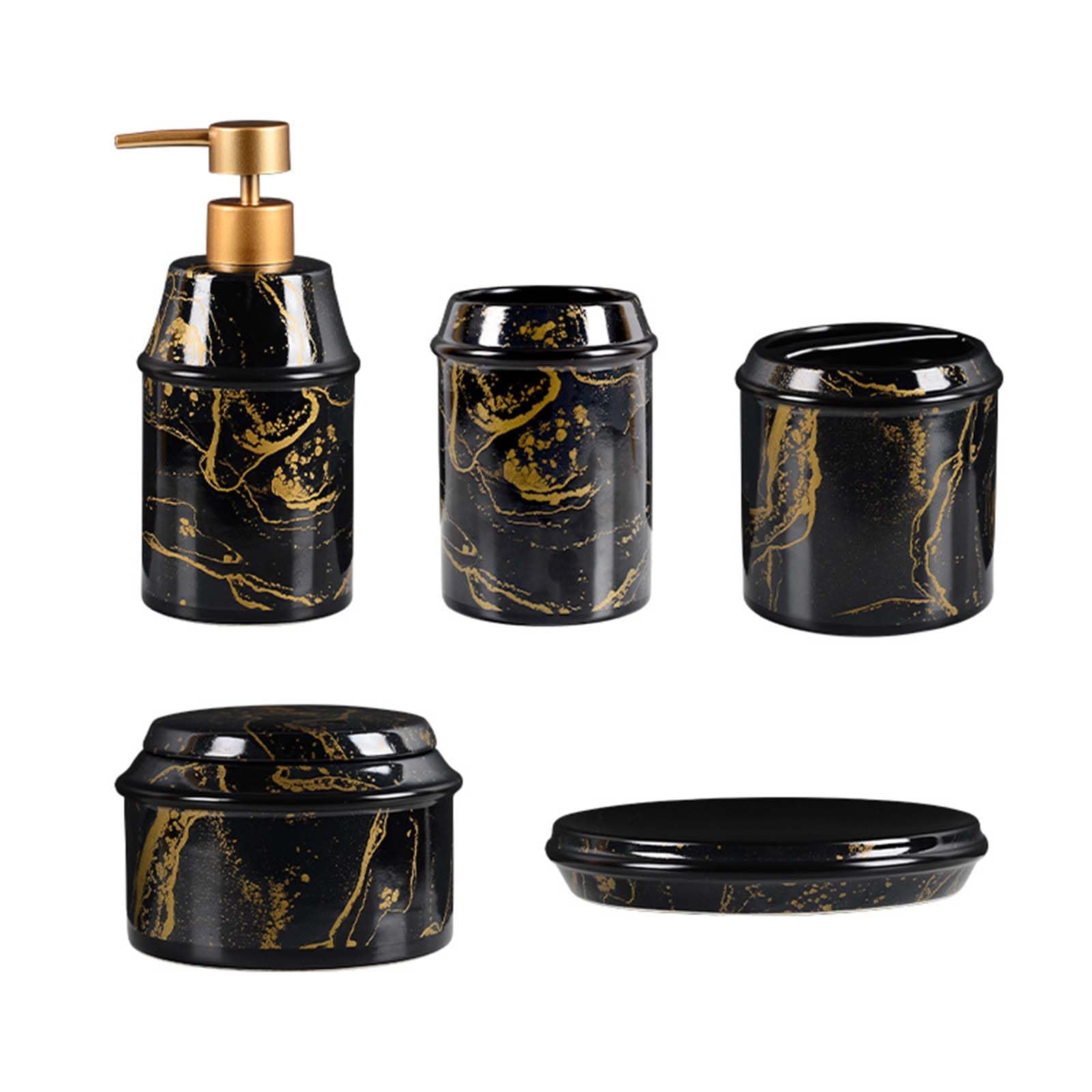 Set Dispensador De Jabón Marmoleado, Set De Baño De Cerámica, con Porta Cepillo De Dientes, Dispensador De Jabón, Jabonera, para La Zona De Lavado.,Negro
