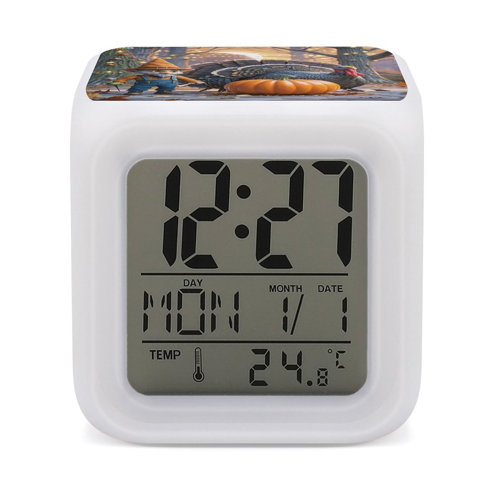LZQPOEAS Turkey Dinner Day Alarm Clock Desk Clock with 7 Color Changing Night Light Digital Clocks with Temperature Display Sleep Training and Sound Machine for Heavy Sleeper