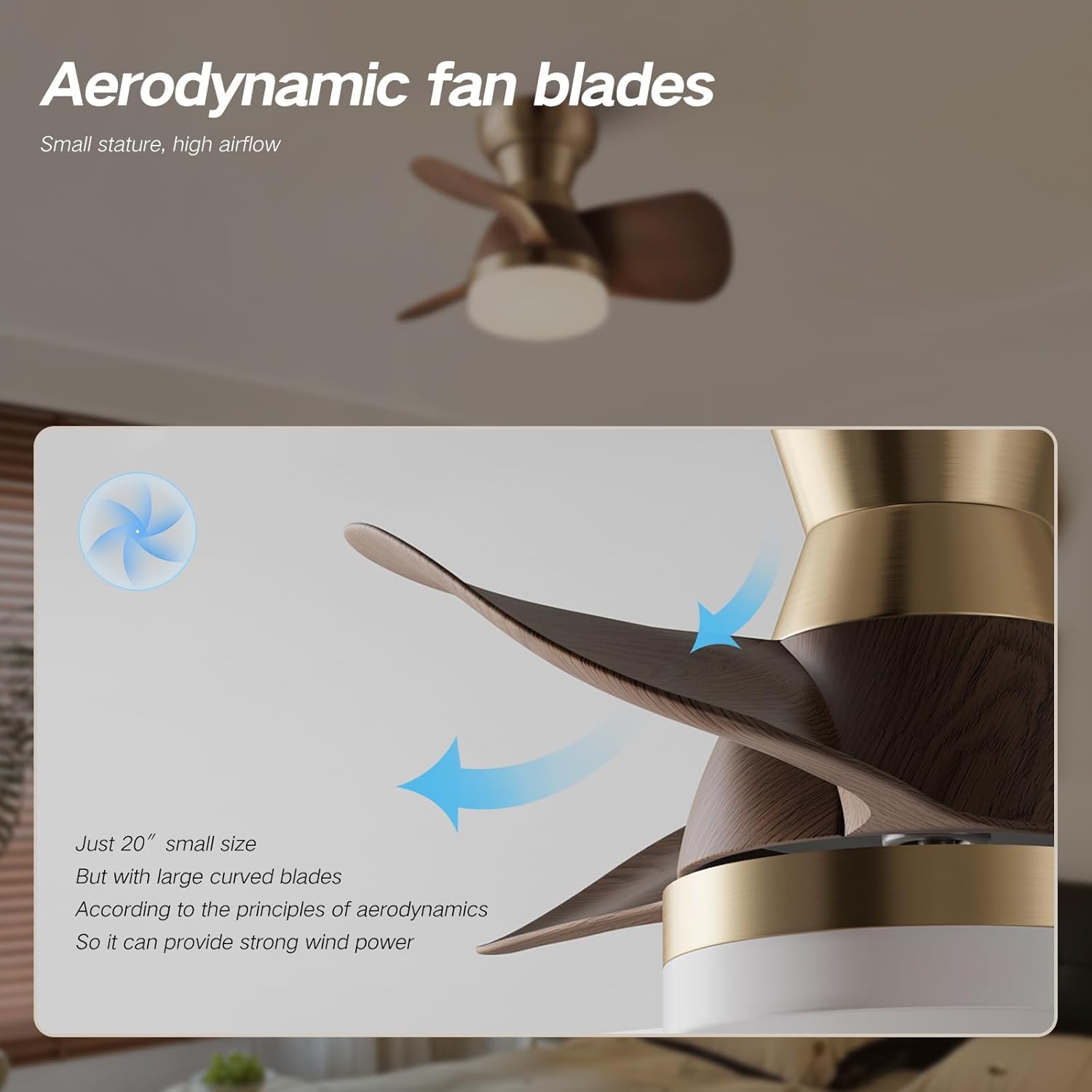 20 Inch Ceiling Fan with Light，3 Solid Wood Blades，Brass with Light with Remote Control Small Ceiling Fan， Suitable for Living Room, Dining Room，Bedroom