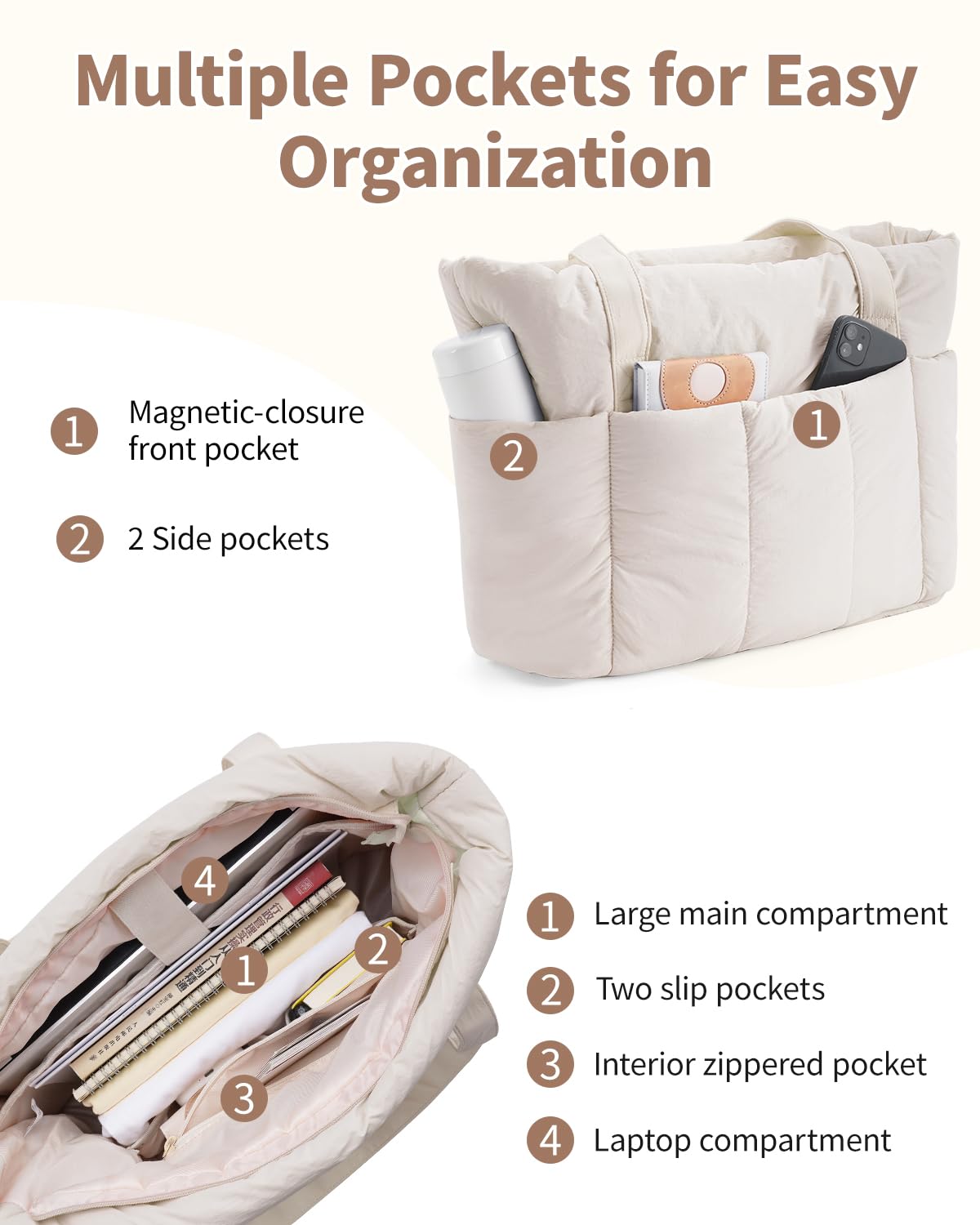 Narwey Puffer Tote Bag dla kobiet z przegrodą na laptopa, pikowana torba na ramię, torebka do pracy i podróży