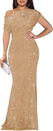 Maxianever One Shoulder Prom Dresses Champagne Gold Long Sequin Glitter Mermaid for Women Bodycon Evening Gown 10