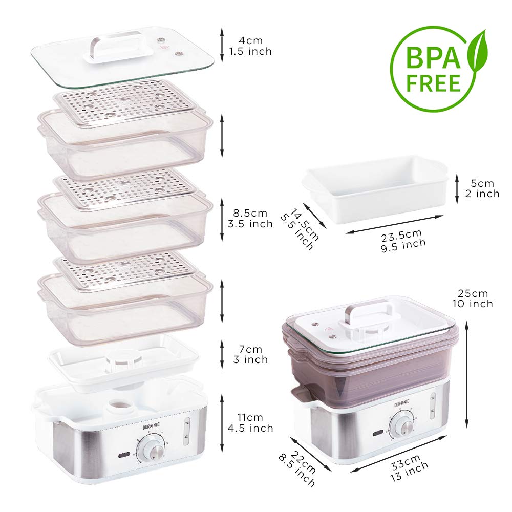 Duronic FS87 Vaporera eléctrica 870W | Minutero Temporizador | Capacidad de 10.6 litros y Bandeja antigoteo | Libre de BPA | Cocine verduras pescado arroz platos más sanos