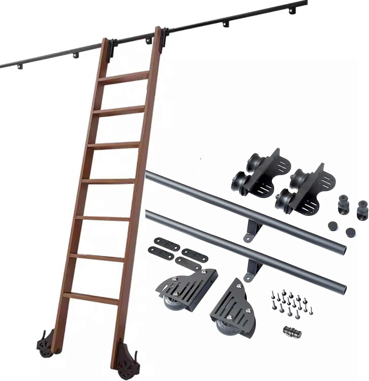 3.3ft-20ft Rolling Ladder Kit Library Stand Up Tensible Sliding Barn Door Complete Ladder Hardware Kit (No Ladder), Round Tube Extension Ladder Tracks System Rail (10ft/300cm Track kit)
